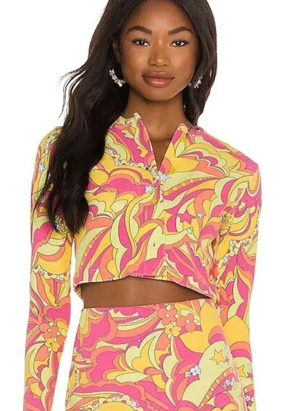 Frankie's Bikinis Girls' Cropped Retro Print Cardigan in Yellow & Pink